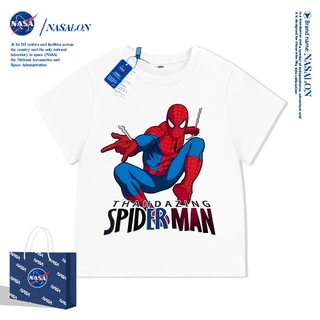 NASA เสื้อยืดเด็กแขนสั้น ผ้าฝ้าย 100% เสื้อยืดเด็กผู้ชาย ลายการ์ตูนสไปเดอร์แมน นุ่มสบาย สำหรับเด็กอายุ 3-16 ปี
