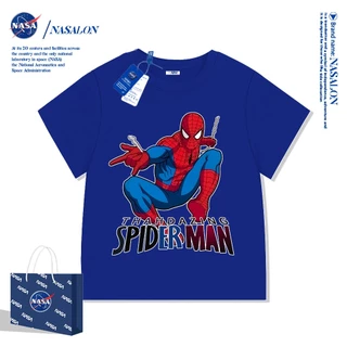 NASA เสื้อยืดเด็กแขนสั้น ผ้าฝ้าย 100% เสื้อยืดเด็กผู้ชาย ลายการ์ตูนสไปเดอร์แมน นุ่มสบาย สำหรับเด็กอายุ 3-16 ปี