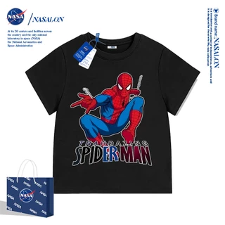 NASA เสื้อยืดเด็กแขนสั้น ผ้าฝ้าย 100% เสื้อยืดเด็กผู้ชาย ลายการ์ตูนสไปเดอร์แมน นุ่มสบาย สำหรับเด็กอายุ 3-16 ปี