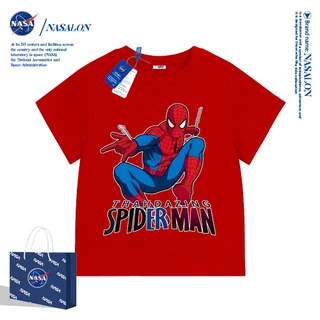 NASA เสื้อยืดเด็กแขนสั้น ผ้าฝ้าย 100% เสื้อยืดเด็กผู้ชาย ลายการ์ตูนสไปเดอร์แมน นุ่มสบาย สำหรับเด็กอายุ 3-16 ปี