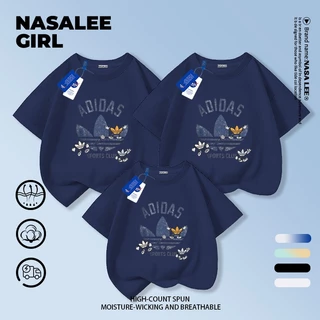 【จัดส่งภายในวันเดียวกัน】 เสื้อยืดครอบครัว NASA ผ้าฝ้ายสีฟ้าอ่อน เนื้อนุ่ม ระบายอากาศดี คอกลม ทรงหลวม ลายสามใบเถา เหมาะสำหรับใส่ไปเที่ยวหรือรวมตัวกันในครอบครัว
