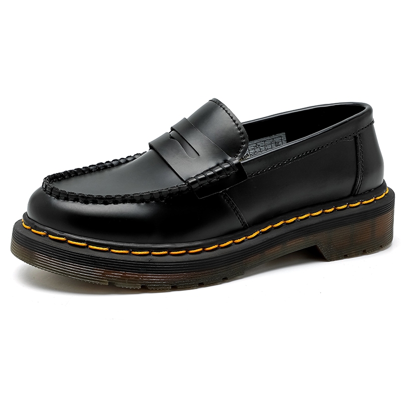 Black Penny Loafers Martin Style Yellow Stitch Slip-On Leather Shoes Unisex Casual รองเท้าทํางานอย่างเป็นทางการขนาด 35-46