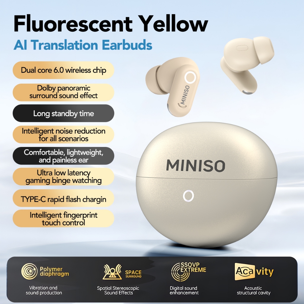 MINISO MS122 หูฟังไร้สายบลูทูธ V6.0 AI หูฟังแปลพร้อม 3D Dolby Audio Multi-EQ โหมดและหูฟังซิลิโคน