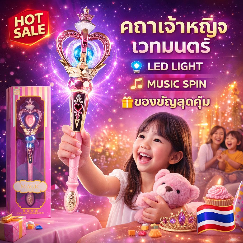 ไม้เวทมนตร์เจ้าหญิงเด็กผู้หญิง LED กระพริบและเสียงดนตรี | ของขวัญวันเด็ก | ไม้เวทมนตร์แสงไฟ | ของเล่นเด็กผู้หญิง