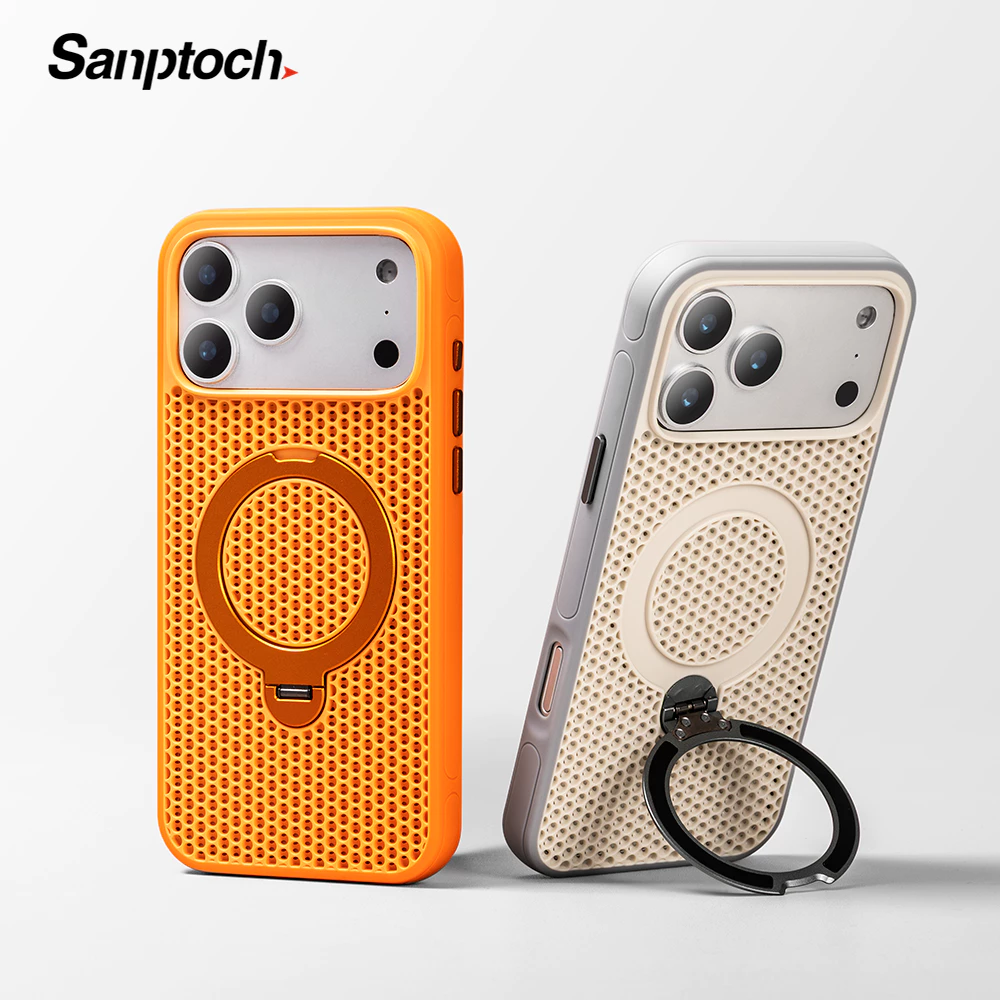 Sanptoch สําหรับแม่เหล็ก Cooling Hole Stand เคสโทรศัพท์สําหรับ iPhone 17 16 15 14 13 Pro Max การกระจายความร้อนปกหลังสําหรับ iPhone 16 15 14 Plus ผู้ถือโลหะผสมป้องกันปลอก