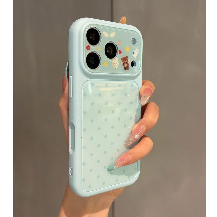 น่ารัก Cartoom หมีเลนส์กล้อง Wave Point อะคริลิคเคสโทรศัพท์สําหรับ iPhone 17Promax 17Pro 13 14 15 16 Pro Max กันกระแทกผู้หญิงฝาครอบมือถือ
