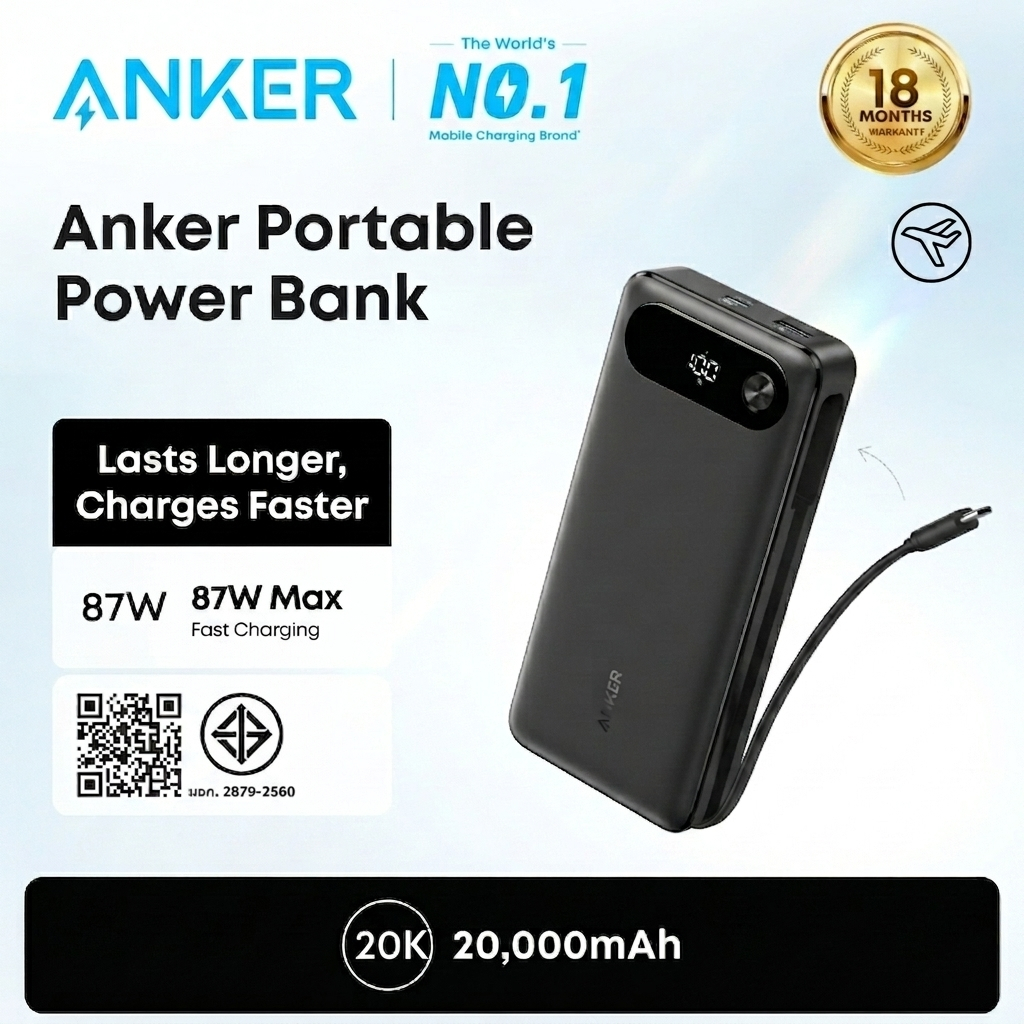 ANKER Power Bank 20,000mAh Travel Essential Portable Charger พร้อมสาย USB-C ในตัว, 3 พอร์ต 87W Max Fast Charging Battery Pack