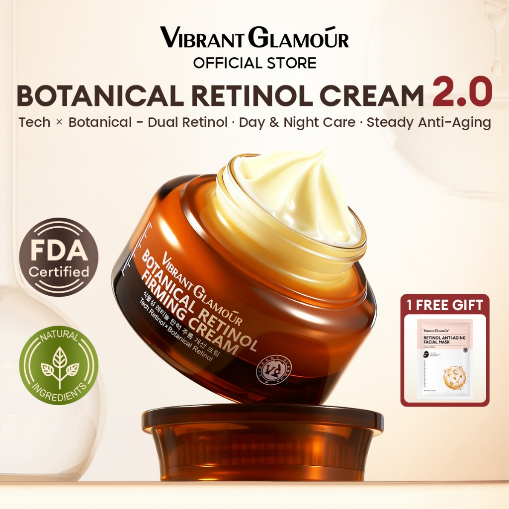 VIBRANT GLAMOUR ครีมปรับผิวฟื้นฟูความเต่งตึง เรตินอลจากธรรมชาติ 2.0 | มอยส์เจอไรเซอร์ลดริ้วรอย | เรตินอล + เปปไทด์ + บาคูชิออล | สำหรับผิวบอบบาง ซ่อมแซมและเติมความชุ่มชื้น 30 กรัม
