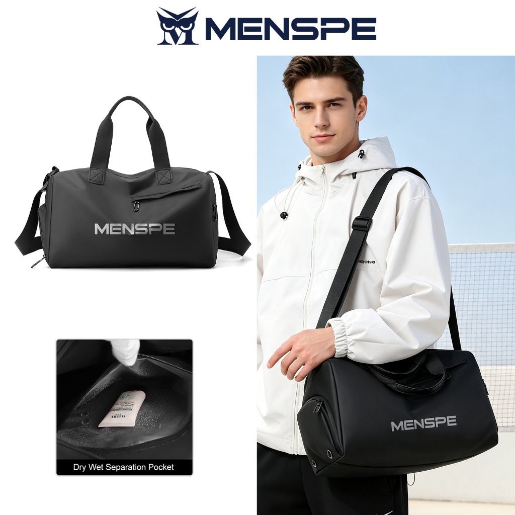 MENSPE สีดํากระเป๋าเดินทางกระเป๋ากันน้ํากระเป๋าเดินทางแห้งและเปียกแยกฟิตเนสกีฬากระเป๋ารองเท้าอิสระกระเป๋า