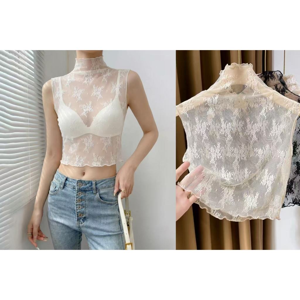 รูปแบบใหม่เสื้อกั๊กแขนกุดลูกไม้ภายในหูข้างครึ่งคอ Bottom เสื้อลูกไม้สั้นคอปลอมร้อยชุด