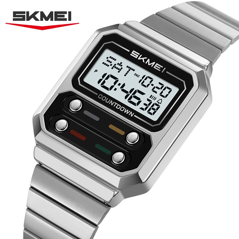 SKMEI สมี 2448 ย้อนยุค สี่เหลี่ยมนาฬิกาดิจิตอลนักเรียนโลหะมัลติฟังก์ชั่นนาฬิกาข้อมือนับถอยหลังปลุกนาฬิกาอินเทรนด์ของขวัญ