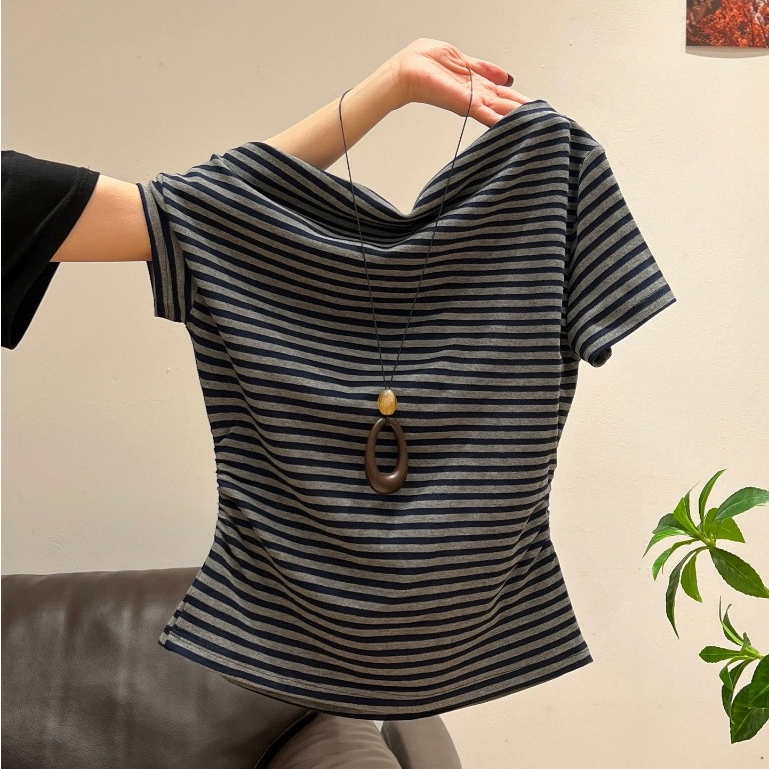 【WJZ】เสื้อยืดลายทางแขนสั้นสไตล์เกาหลีสำหรับผู้หญิง【p61】