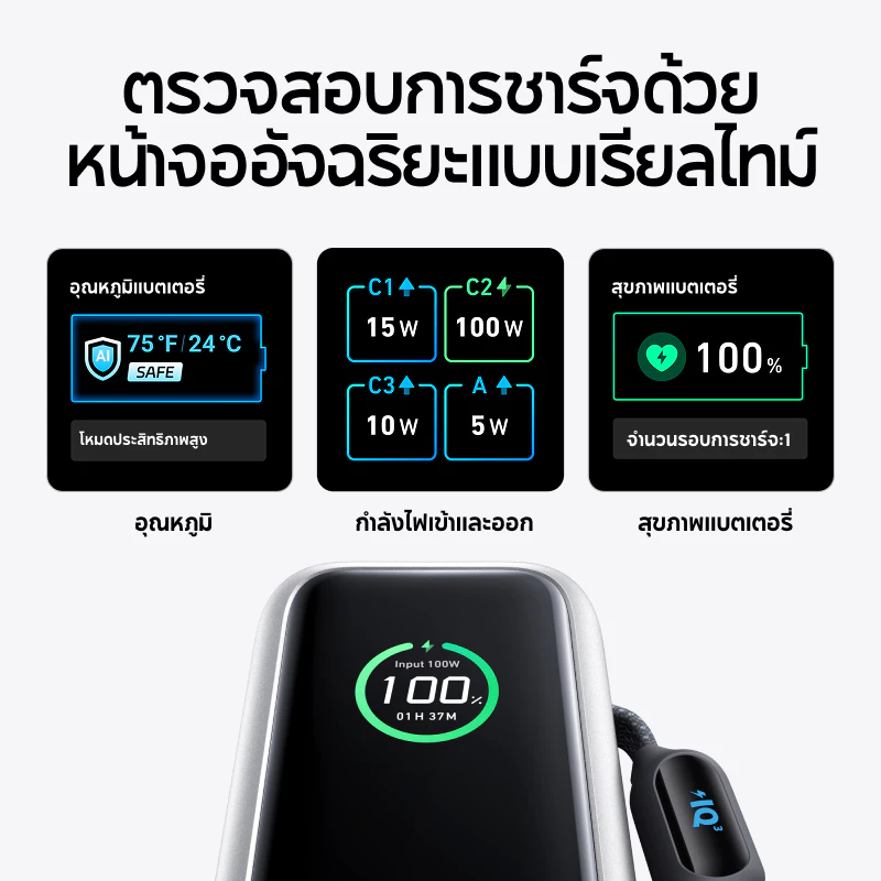 Anker Laptop Power Bank 25,000mAh Portable Charger พร้อมพอร์ต USB-C Triple 100W สําหรับการชาร์จหลายอุปกรณ์, สายเคเบิลในตัวและหดได้ For Macbook/for Iphone 18 Pro Max/17/16 Dell thumbnail 7