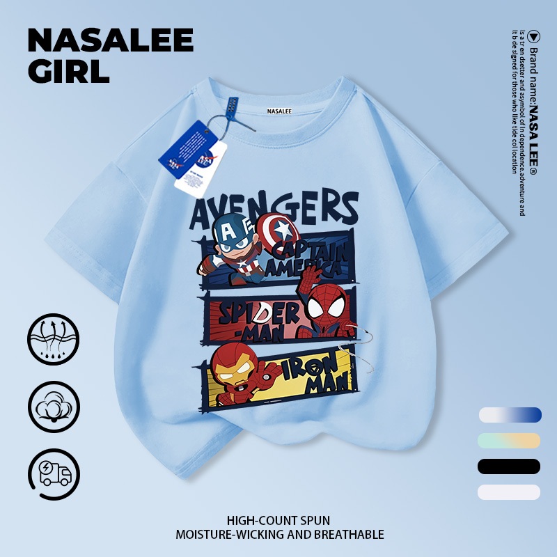 [จัดส่งรวดเร็ว] เสื้อยืดเด็กสีฟ้าอ่อน ลายการ์ตูนซูเปอร์ฮีโร่ พิมพ์แบบระบายอากาศ เหมาะสำหรับสวมใส่ในฤดูร้อน ขนาดสำหรับทารกจนถึงวัยรุ่นทั้งชายและหญิง