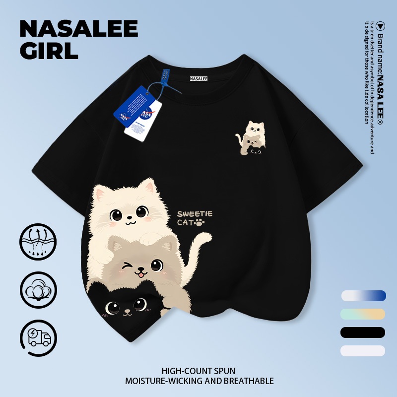 [จัดส่งในวันเดียวกัน] เสื้อยืดการ์ตูนแมว สีดำ ทำจากผ้าฝ้าย ระบายอากาศได้ดี เหมาะสำหรับเด็กและเยาวชนอายุ 3-16 ปี