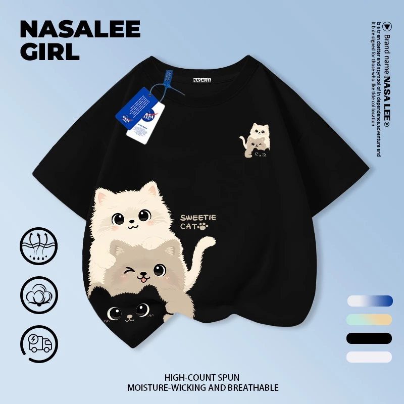 [จัดส่งในวันเดียวกัน] เสื้อยืดการ์ตูนแมว สีดำ ทำจากผ้าฝ้าย ระบายอากาศได้ดี เหมาะสำหรับเด็กและเยาวชนอายุ 3-16 ปี