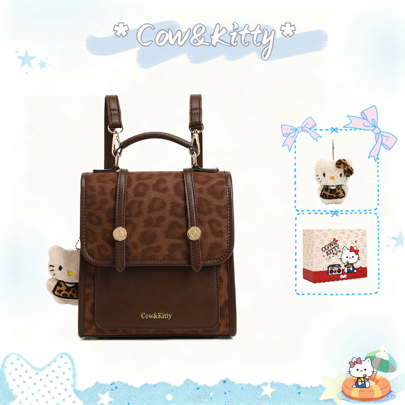 กระเป๋าเป้นักเรียนส Cow&Kitty ไตล์ย้อนยุคสีน้ำตาล พิมพ์ลายเสือดาวและแบบคิตตี้ – โปรปัง