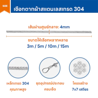 ลวดตากผ้า [หนาพิเศษ] ยาว 3/5/10/15 เมตร ราวตากผ้าสแตนเลสเคลือบพลาสติก แข็งแรงทนทาน รับหนักได้ ไร้สนิม