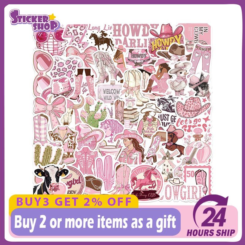 50 ชิ้นสีชมพู Howdy Cowgirls Graffiti สติกเกอร์สําหรับกระเป๋าเดินทางแล็ปท็อปกระเป๋าเดินทางตู้เย็นโทร