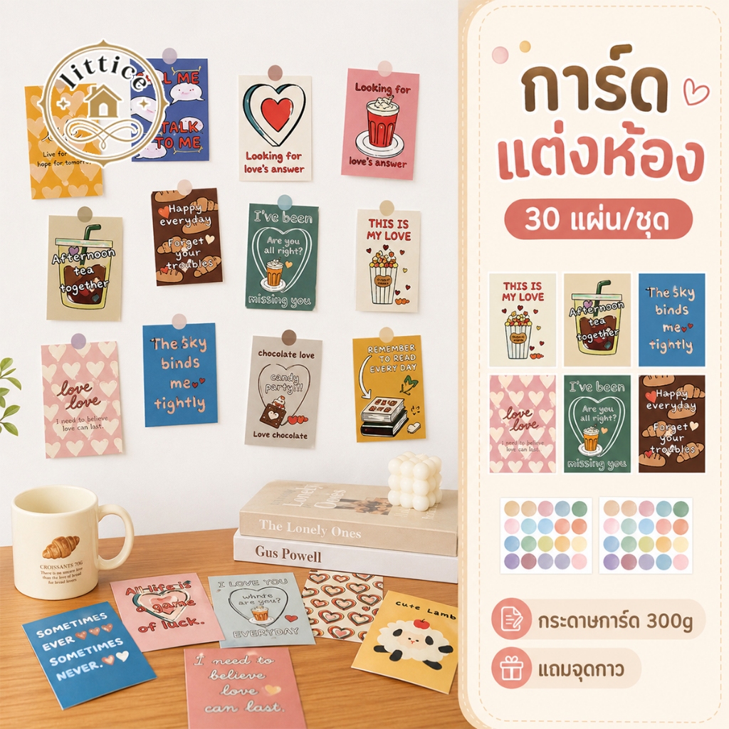 💕การ์ดตกแต่ง 30 แผ่น วินเทจฟู้ด+หัวใจ คำคมภาษาอังกฤษ ติดห้องนอนโต๊ะทำงาน แถมสติกเกอร์จุดสีสัน อบอุ่นฮีลใจ พร้อมส่ง