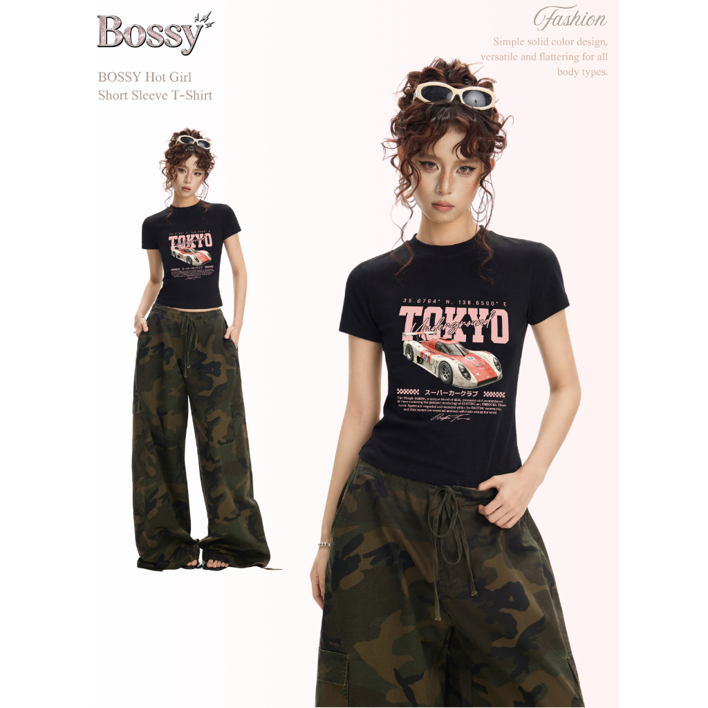 BOSSY เสื้อยืดแขนสั้นคอกลมสไตล์อเมริกันวินเทจ ลายสกรีนตัวอักษร ทรงเข้ารูป ผ้าฝ้าย100%#E+1940
