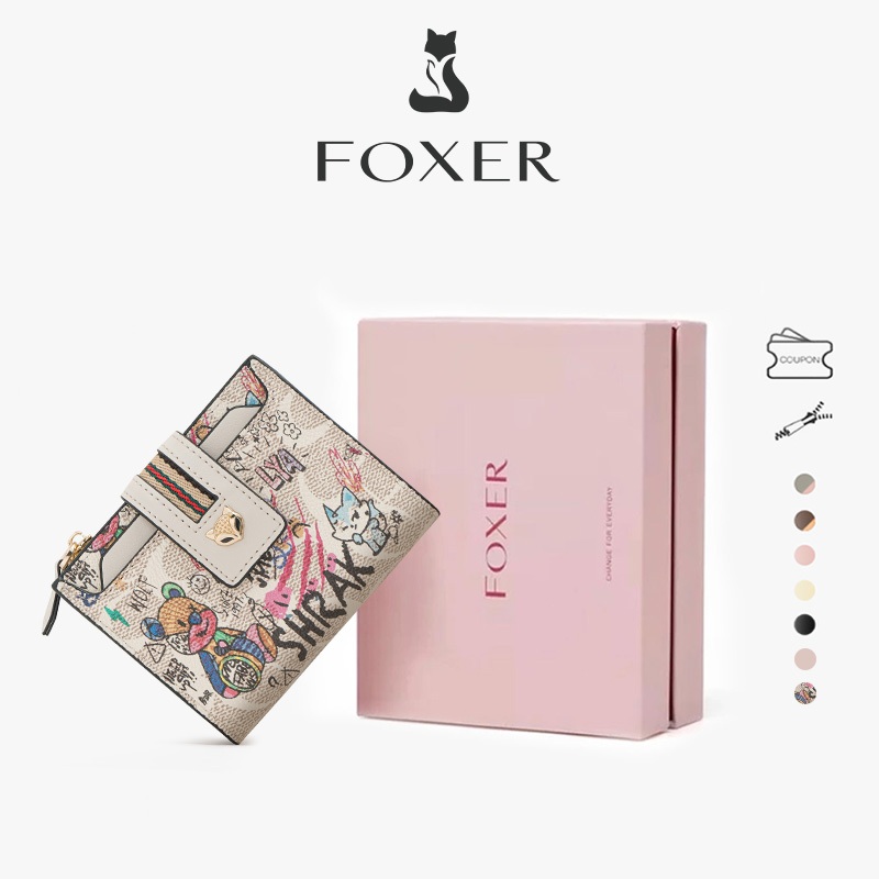 FOXER กระเป๋าสตางค์สั้นพิมพ์ลายกราฟฟิตี้ มีช่องใส่บัตรหลายช่องและช่องใส่เหรียญ - ดีไซน์ไม่ซ้ำใคร