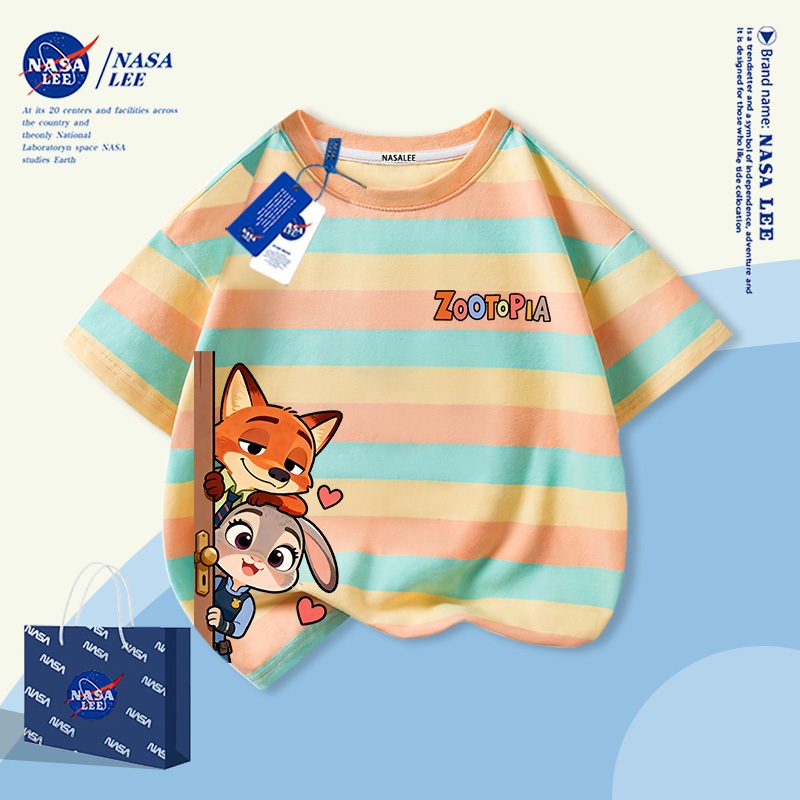 【จัดส่งในประเทศ】NASA เสื้อยืดเด็กแขนสั้นลายทางเหลือง-น้ำเงิน พร้อมลายจิ้งจอกกับกระต่ายน่ารัก 🦊🐰 ใส่ได้ทั้งเด็กชายและเด็กหญิง แต่งง่ายทุกวัน 🚀👕