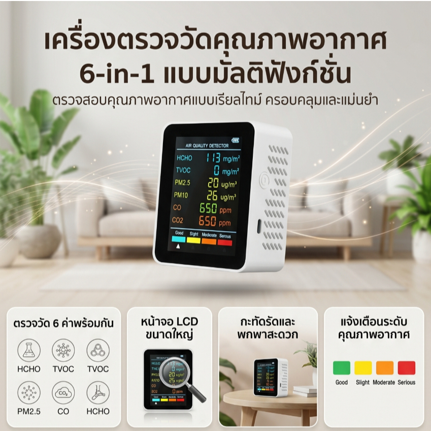 Lepmerk 6 In 1 เครื่องตรวจจับคุณภาพอากาศ PM2.5 PM10 HCHO TVOC CO CO2 CO คาร์บอนไดออกไซด์ ฟอร์มาลดีไฮด์ หน้าจอ LCD ขนาดใหญ่ แบบพกพา สําหรับบ้าน สํานักงาน โรงแรม เดสก์ท็อป
