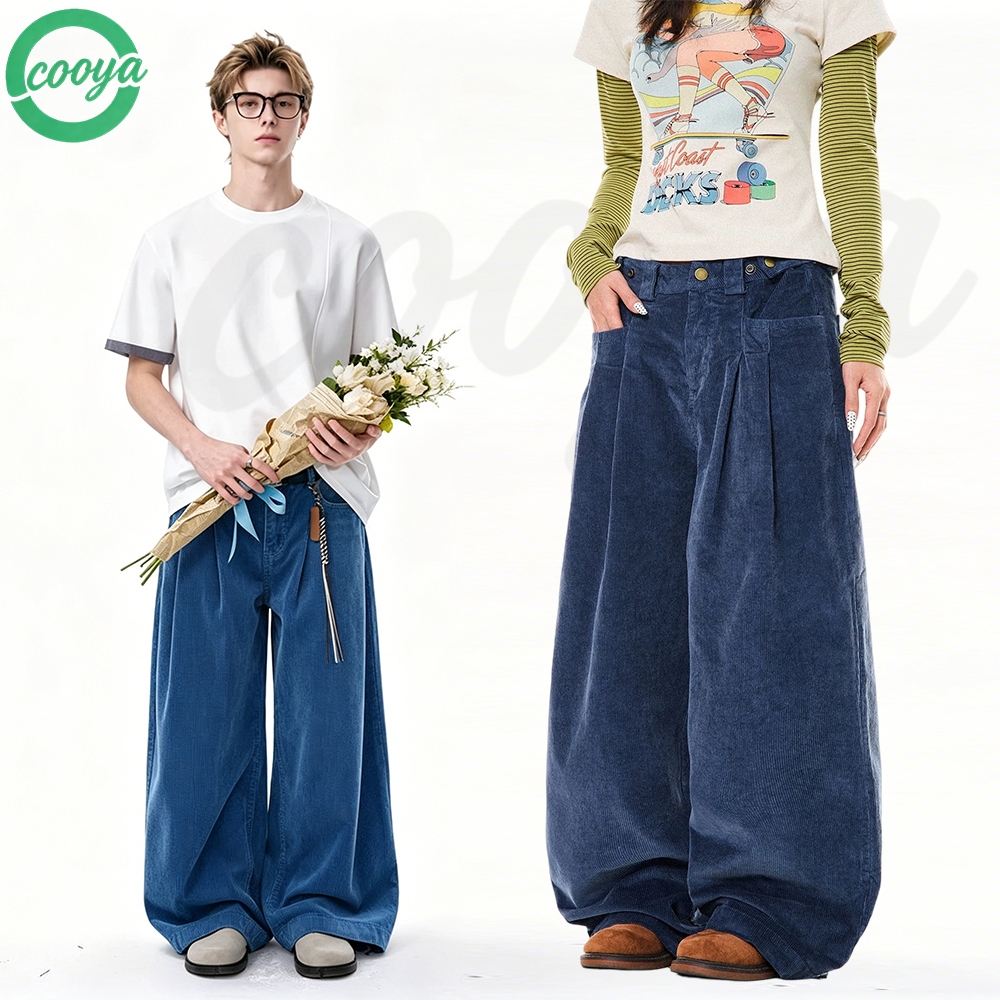 【มีของพร้อมส่ง】COOYA กางเกงผ้าคอร์ดุรอยสีฟ้า ทรงขากว้างพับหน้า เอวปรับได้ Unisex สไตล์วินเทจสตรีท ใส่สบาย