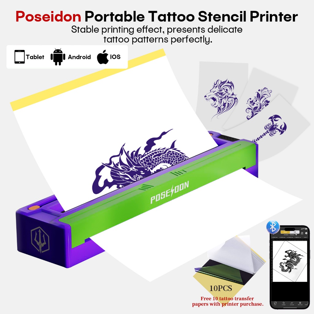POSEIDON Tattoo Printer - A4 Bluetooth High-Precision Tattoo Design Transfer Machine และ 10 ชิ้นฟรีกระดาษถ่ายโอนสําหรับการพิมพ์รอยสักความพยายามและการสร้างลายฉลุ