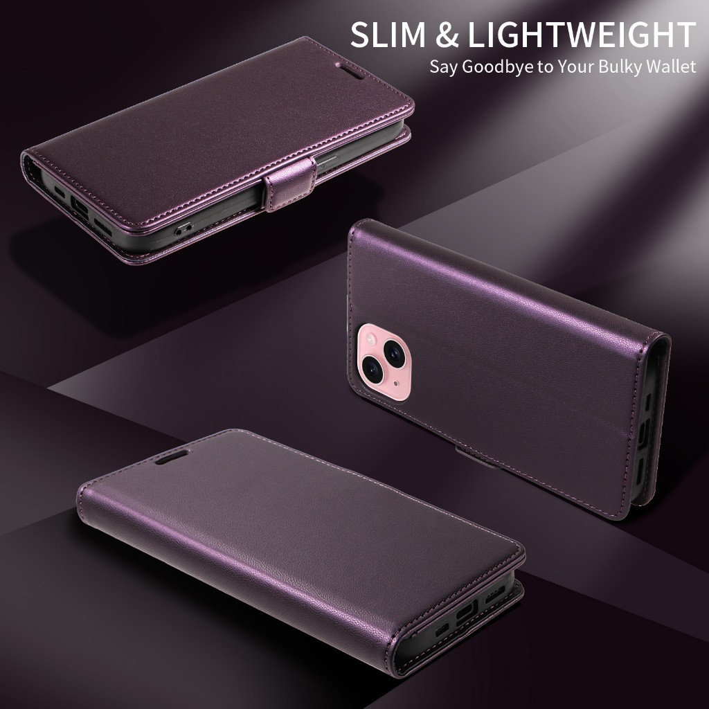 Soft Touch Wallet Case iPhone 13/14/15/16/17, RFID Blocking, Card Holder, Flip Stand, Magnetic Buckle
