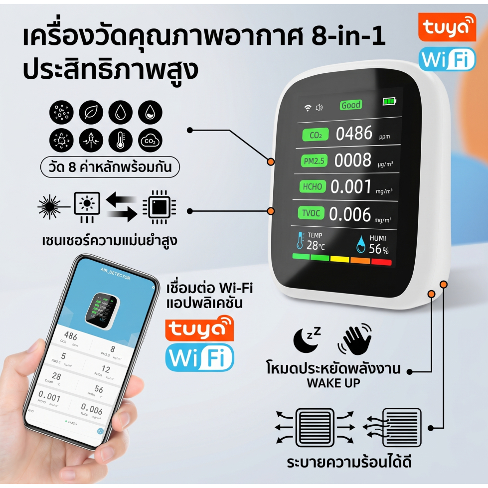 SMCP Tuya Wifi แบบพกพา Air คุณภาพเมตร 8in1 PM1.0 PM2.5 PM10 CO2 TVOC HCHO อุณหภูมิและความชื้นเครื่องทดสอบหน้าจอสี LCD เครื่องตรวจจับคาร์บอนไดออกไซด์พร้อมวันที่เวลาจอแสดงผล Functi
