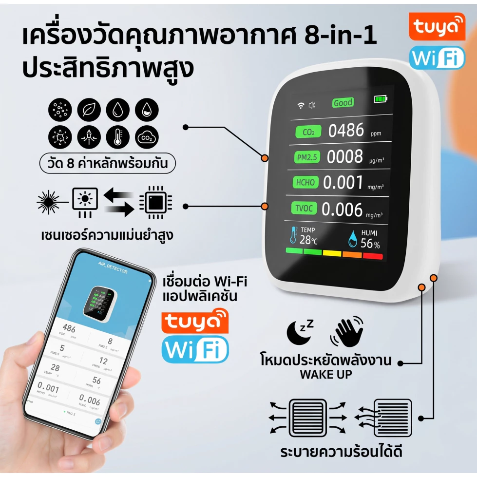 SMCP Tuya Wifi แบบพกพา Air คุณภาพเมตร 8in1 PM1.0 PM2.5 PM10 CO2 TVOC HCHO อุณหภูมิและความชื้นเครื่องทดสอบหน้าจอสี LCD เครื่องตรวจจับคาร์บอนไดออกไซด์พร้อมวันที่เวลาจอแสดงผล Functi
