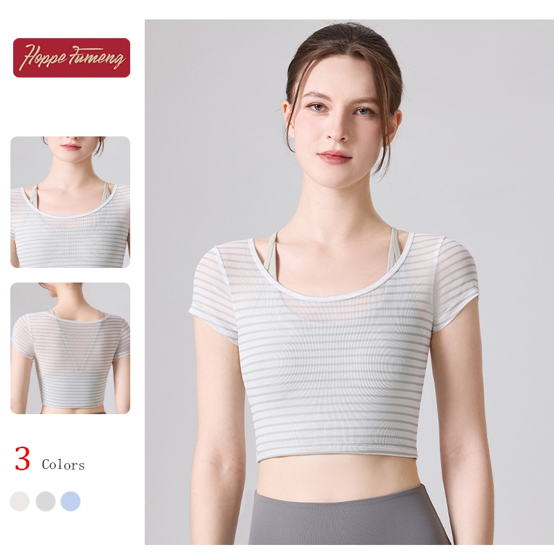 เสื้อยูก้ายืดหยุ่นสำหรับผู้หญิง แขนสั้นลายจุด ตาข่าย แห้งไว เหมาะสำหรับออกกำลังกาย