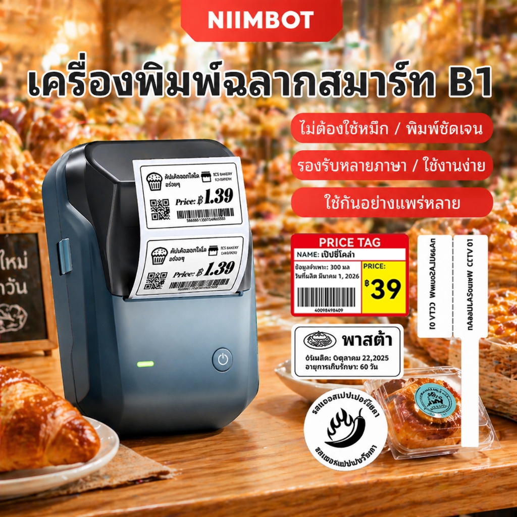 Niimbot B1 เครื่องพิมพ์ฉลาก วันที่ผลิตอาหาร commodity ราคาเครื่องพิมพ์ฉลาก เสื้อผ้าบาร์โค้ด ป้ายห้อย สติ๊กเกอร์กาวโปร่งใส การพิมพ์ เครื่องฉลากมือถือ