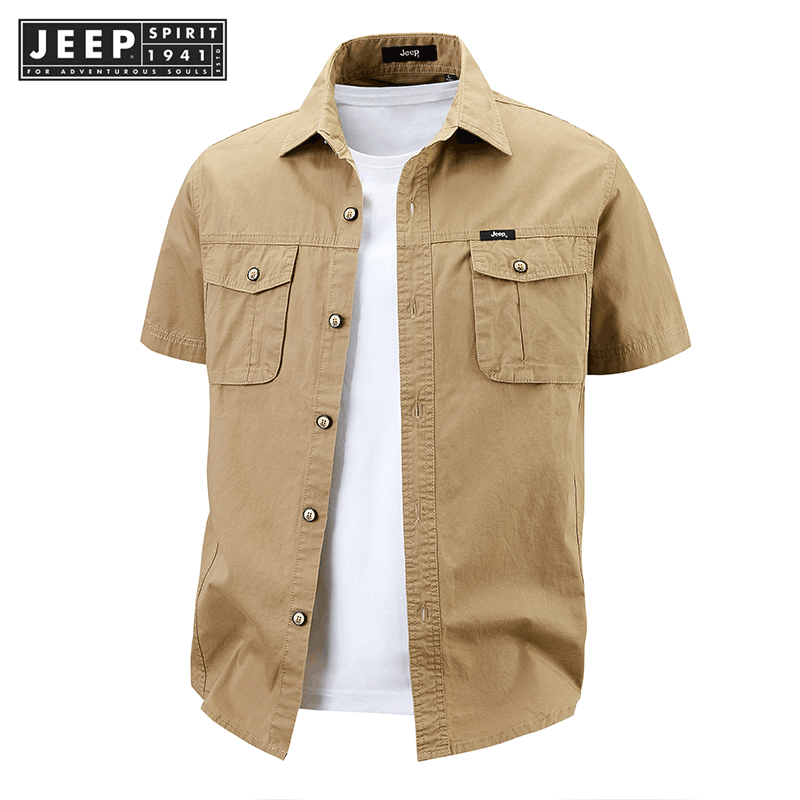 JEEP SPIRIT 1941 ESTD เสื้อเชิ้ตแขนสั้นผู้ชายอเนกประสงค์เพื่อความสบายในฤดูร้อนและการพักผ่อน