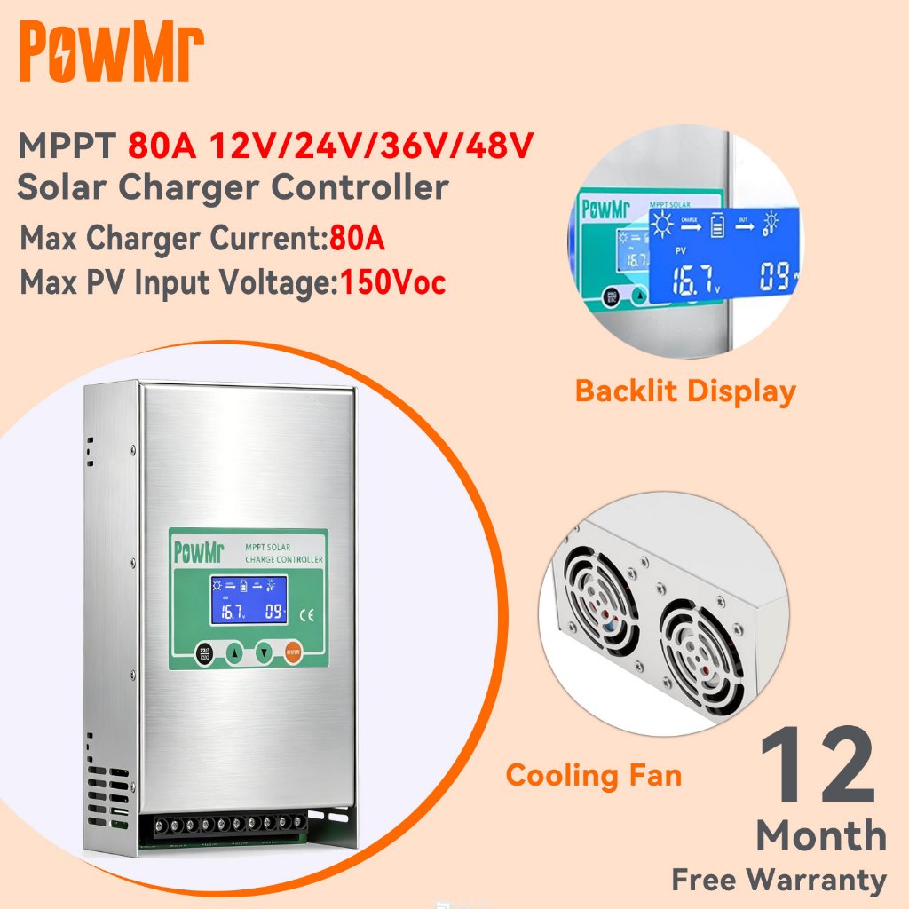 Auto Detect พัดลม CoolingPowMr MPPT 80A Solar Charge Controller 12 V/24 V/36 V/48 V Auto Max PV อินพุต 150Vdc Solar Controller สนับสนุนตะกั่วกรด Lipof4 แบตเตอรี่ 1 ปีฟรีรับประกัน