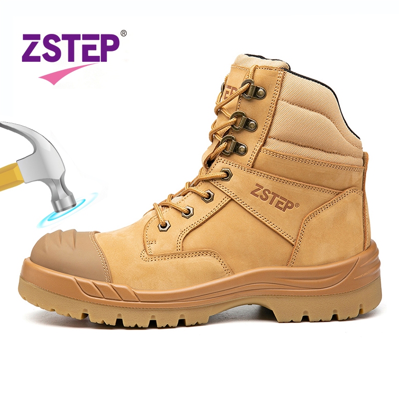 ZSTEP รองเท้านิรภัยรองเท้าทํางานรองเท้าบูทหนังแท้มีซิปคุณภาพสูงสําหรับผู้ชาย