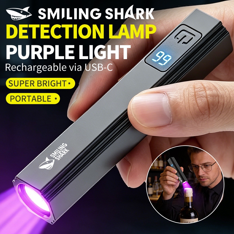 Smiling Shark SD5316 ไฟ UV 2 โหมด 365nm ไฟฉายขนาดเล็กแสงสีม่วงโคมไฟทดสอบ Type-c ชาร์จไฟฉายกันน้ําการทดสอบเงิน