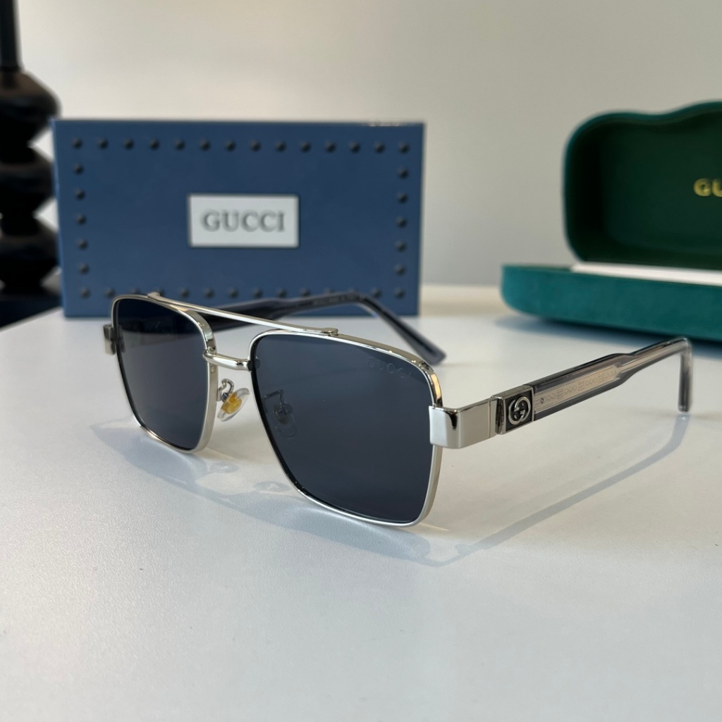 G GUCCI กรอบโลหะแว่นกันแดดทรงสี่เหลี่ยม Double G Retro Light แว่นตากันแดดสไตล์หรูหรา CP2907