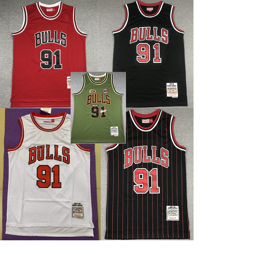 ผู้ชายใหม่ Chicago Bulls 91 Dennis Rodman เสื้อบาสเก็ตบอลเย็บปักถักร้อย