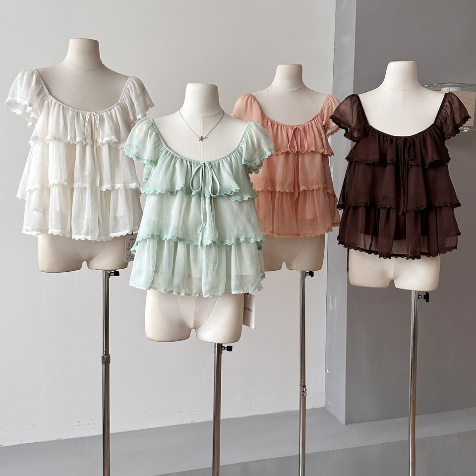 Square Tie Ruffled Small Flying Sleeve เสื้อชีฟองแขนสั้น 101145