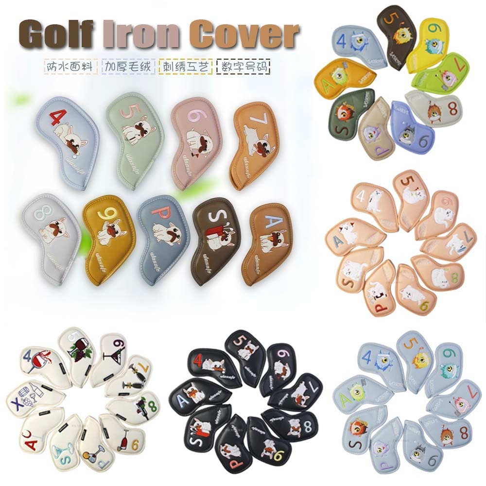 DOMINANT GOLF ใหม่ GOLF ฝาครอบเหล็กกันน้ํา PU ผ้า Plush ซับการ์ตูนสัตว์แก้วไวน์เย็บปักถักร้อย Rod ฝาครอบ 9/10 ชิ้น/เซ็ต