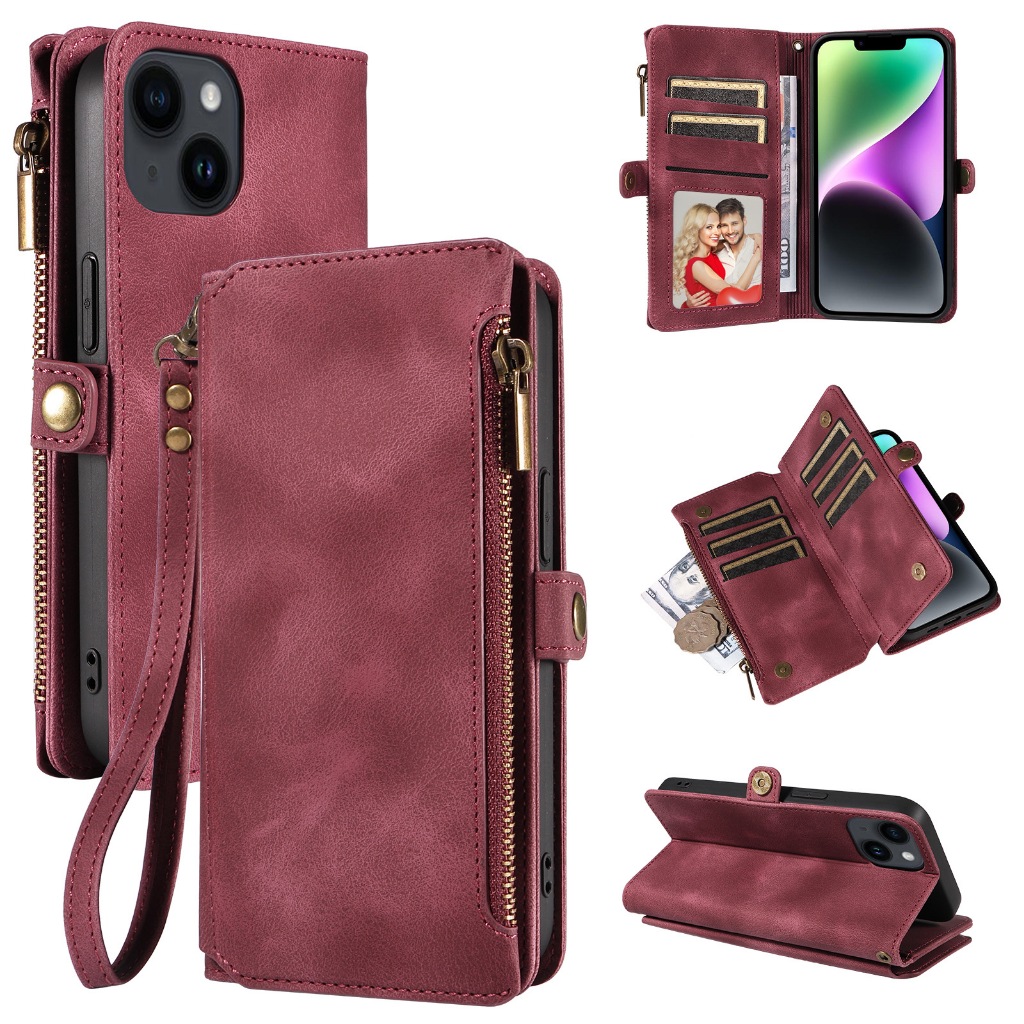 RFID Blocking Zipper Wallet Case สําหรับ iPhone13 14 15 16 17, ช่องใส่การ์ด, สายรัดข้อมือ, ปิดแม่เหล็ก