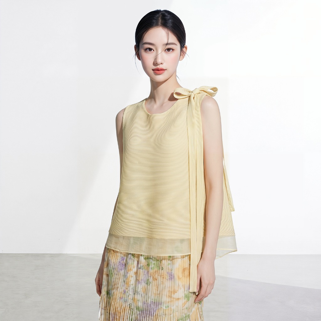 Miyake สไตล์ High-End Bow Tie จีบหัตถกรรมแขนกุดหลวม Hem Slimmer ดูอ่อนโยนเสื้อกั๊ก T-