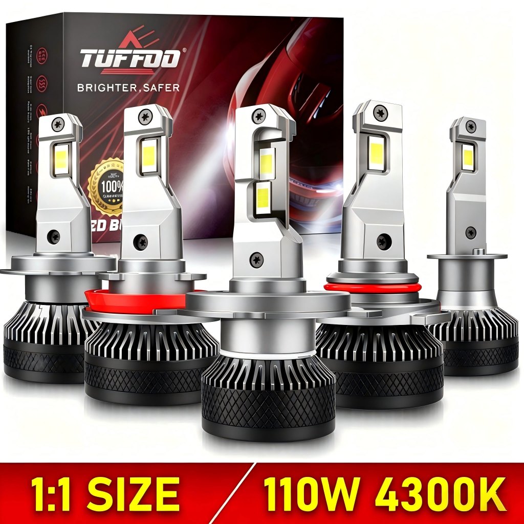 TUFFOO 2PCS Mini ขนาดlightCar LED ไฟหน้าหลอดไฟ 4300K Warm White 100W 20000LM H4/H7/H11/HB3/9005/H1/HB4/9006/HIR20/9012 Hi/Lo Beam Canbus ไม่มีข้อผิดพลาด - DC12V