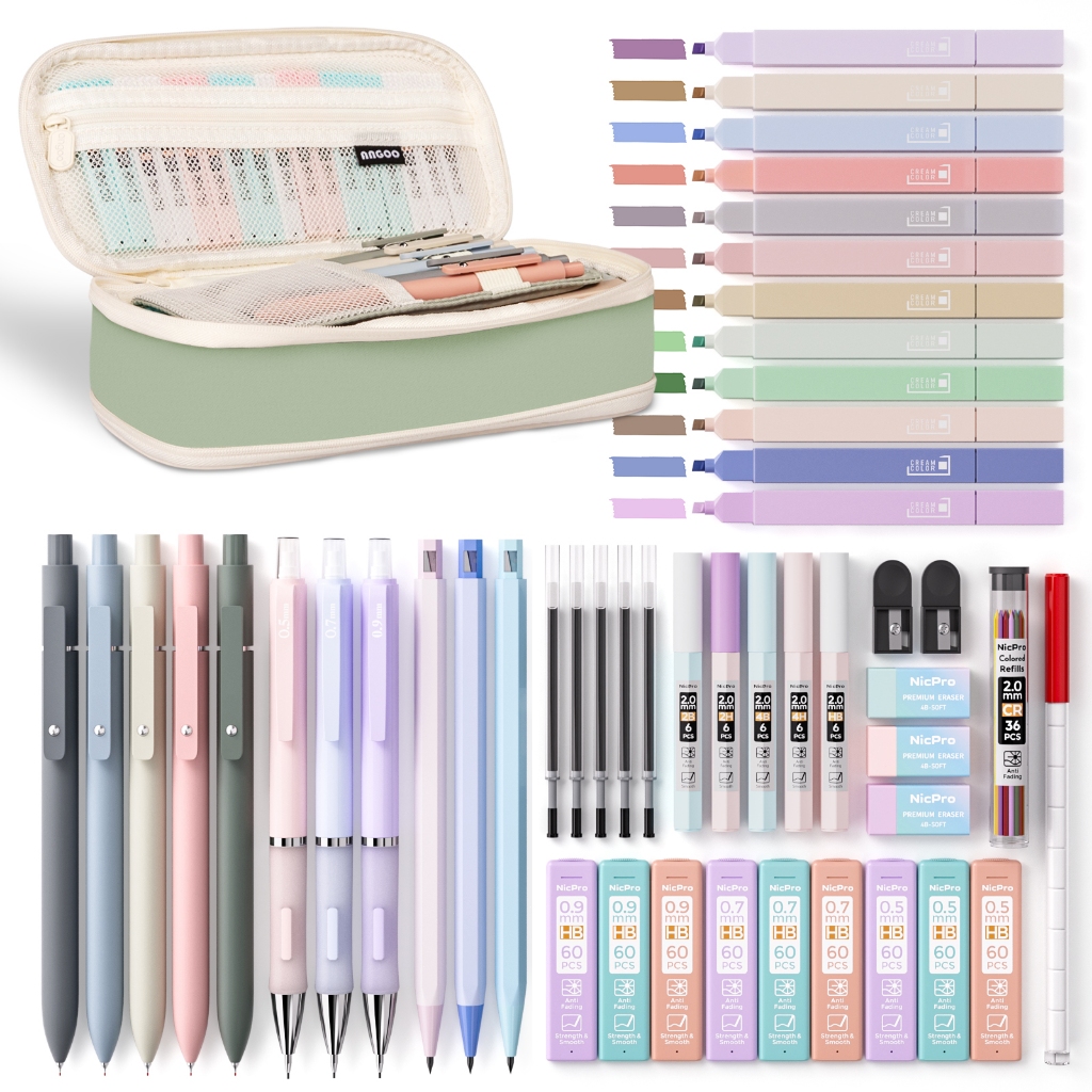 Nicpro 50 ชิ้น Aesthetic School Supplies Set with Pen Case, 6 ชิ้น 0.5 มม. & 0.7 มม. & 0.9 มม., ปากกาเจล 5 ชิ้น, ไฮไลท์ 12 สี, ใช้สําหรับเขียนและร่าง