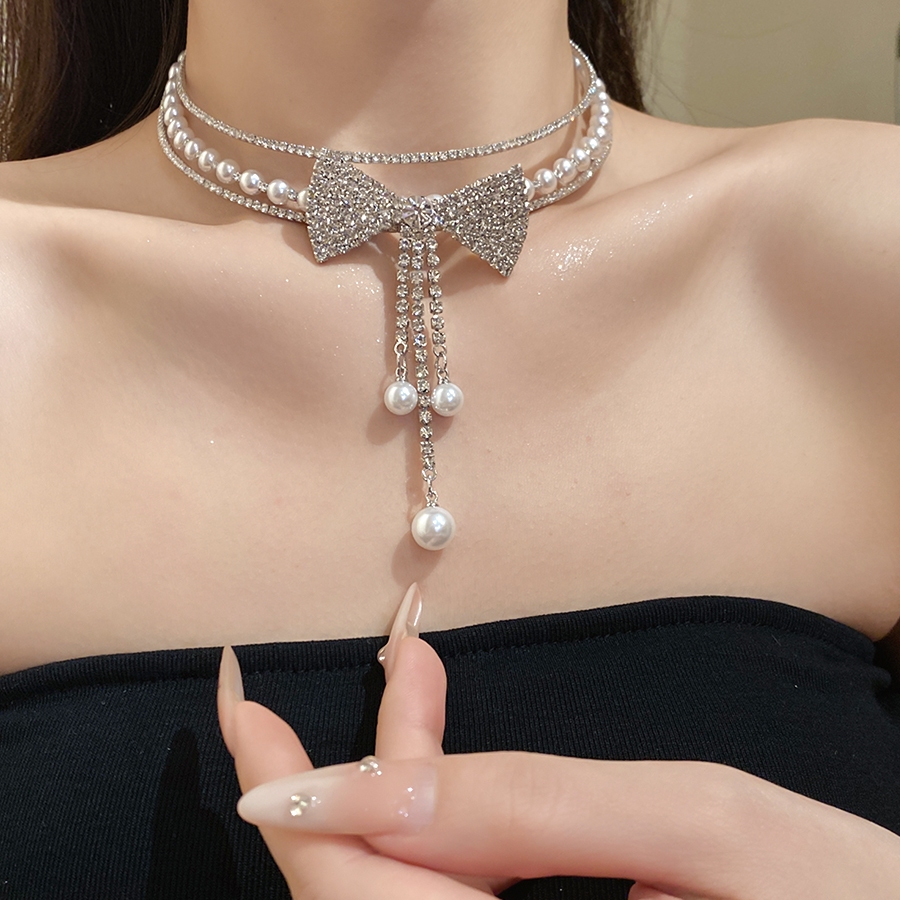 Silver Tone Bow และลูกปัด Double Layer Choker สร้อยคอสไตล์หรูหราสําหรับผู้หญิงทุกวันและ Party สวมใส่อุปกรณ์เสริม