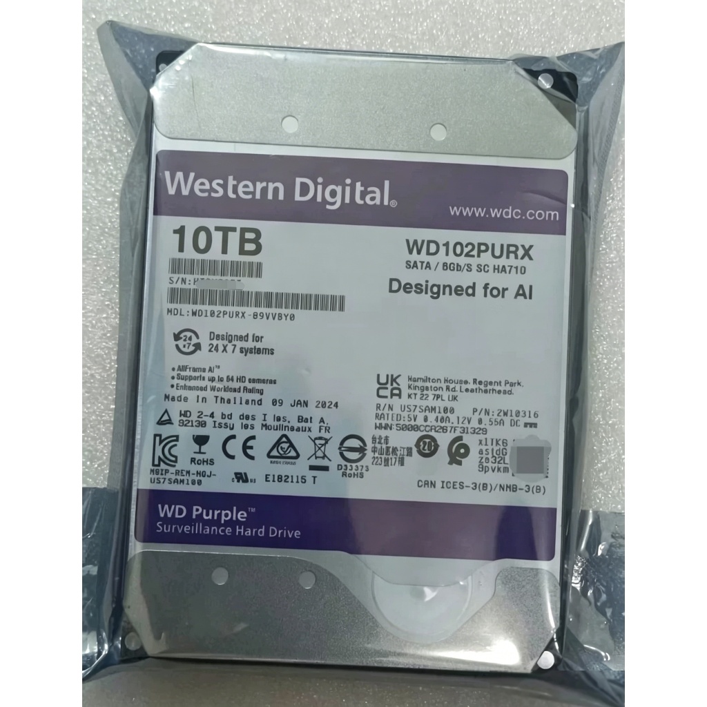 ใหม่ HDD WD สีม่วง 10TB 3.5 "สําหรับเฝ้าระวังกล้องวงจรปิด Hard Disk SATA 6 Gb/s 7200 RPM 256 MB WD102PURX