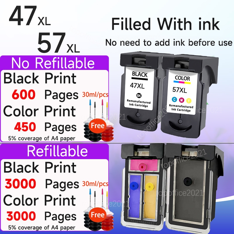 ใช้งานร่วมกับรีฟิล Canon 47 57 ตลับหมึก Canon 47XL หมึก Canon 57 หมึก Canon PG 47 สีดํา Canon CL 57 